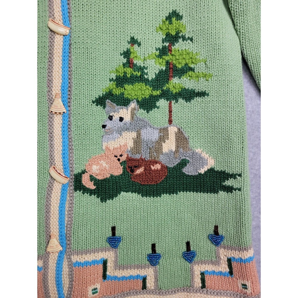 Storybook Knits Wolf Family Southwestern Fringe Cardigan Sweater Green Womens M - Picture 3 of 13